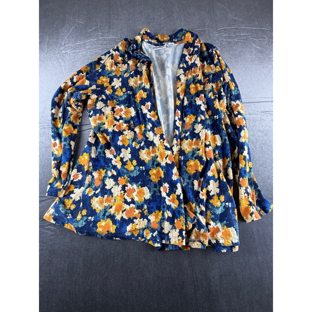 D&CO Denim & Company XL Floral Open Front Cardigan Blue Orange Stretch Peplum